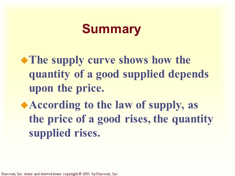 Summary The supply curve shows how the quantity of a good supplied depends upon